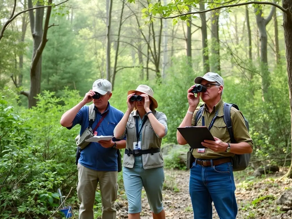 A photo of a group of volunteers participating in a wildlife monitoring activity, using binoculars and recording data. The image should highlight the educational aspect of the program and the involvement of community members.