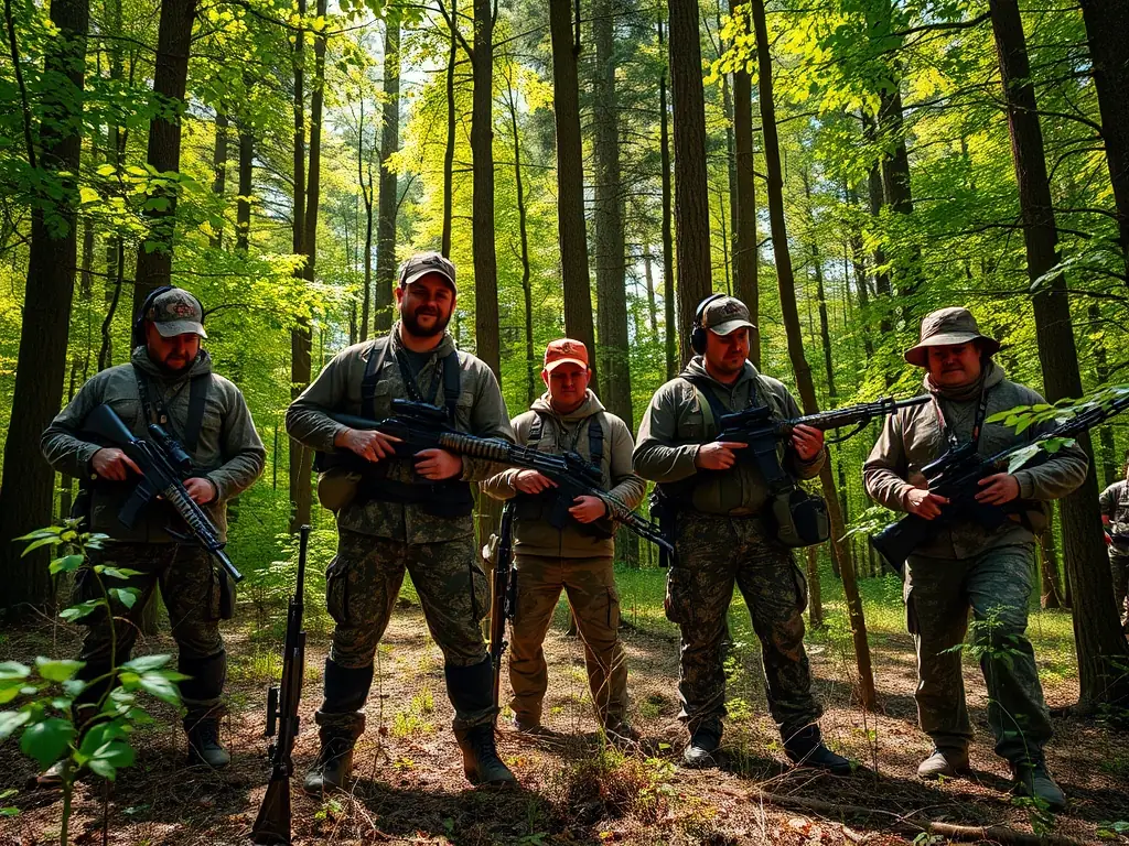 A photograph depicting a group of hunters participating in a supervised hunting activity in a controlled environment, emphasizing safety and ethical hunting practices.