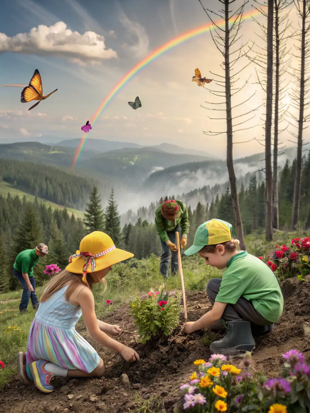 An image showcasing habitat restoration efforts, such as planting native trees or clearing invasive species, to improve biodiversity.
