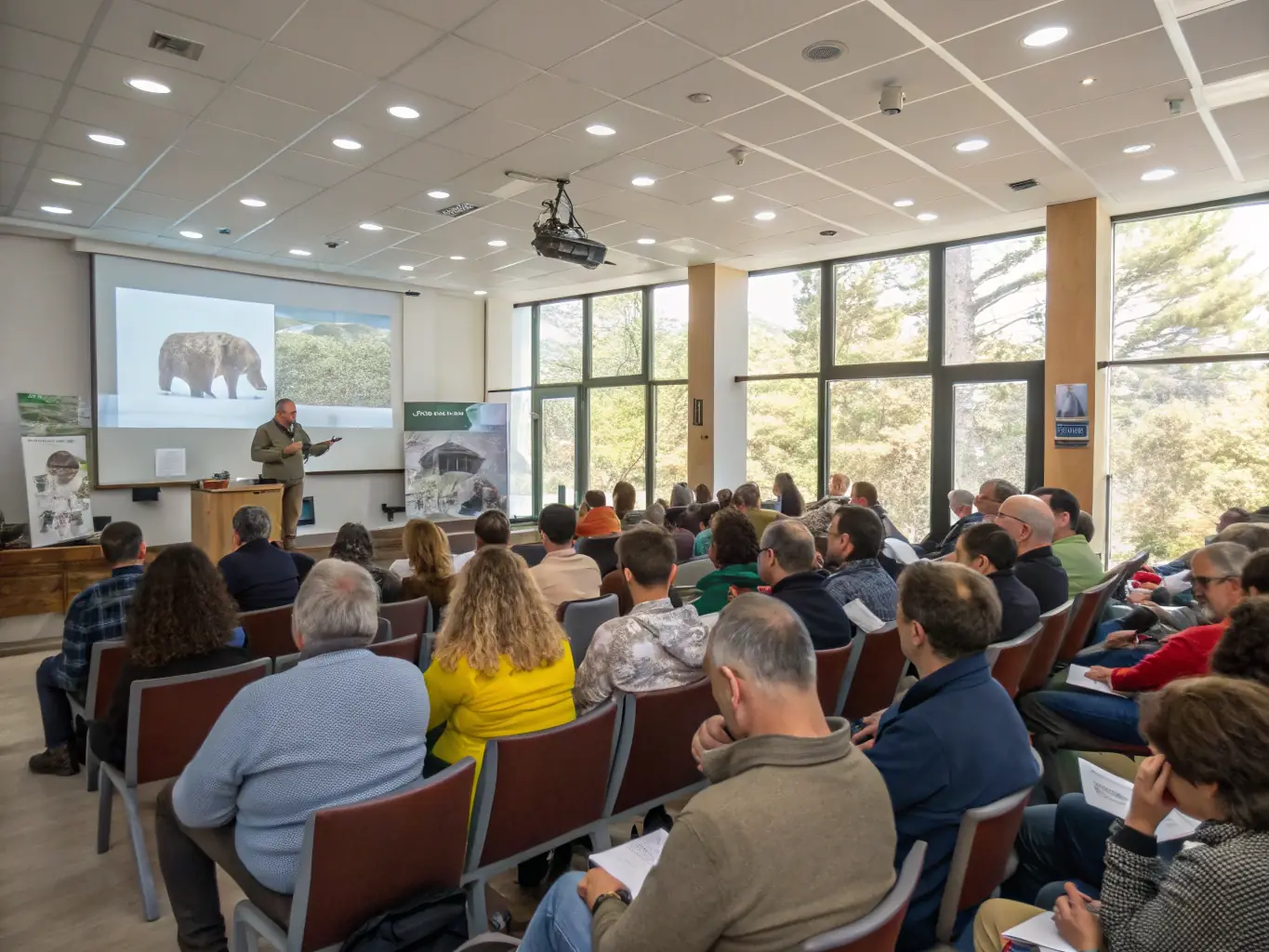 A photo of an educational workshop or seminar focused on responsible hunting, wildlife management, or environmental conservation, with participants actively engaged in learning.