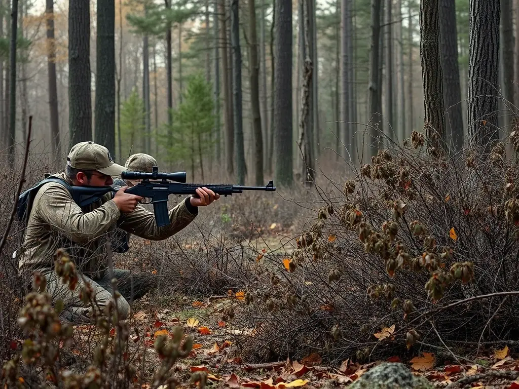 A photograph capturing a group of hunters participating in a controlled hunt, emphasizing safety and ethical hunting practices. The background shows a lush forest, highlighting the natural habitat.